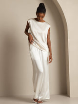 [Blanc] SilkSilky-FR Cap Sleeve Round Neck Femme T-Shirt 008