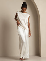 [Blanc] SilkSilky-FR Cap Sleeve Round Neck Femme T-Shirt 008