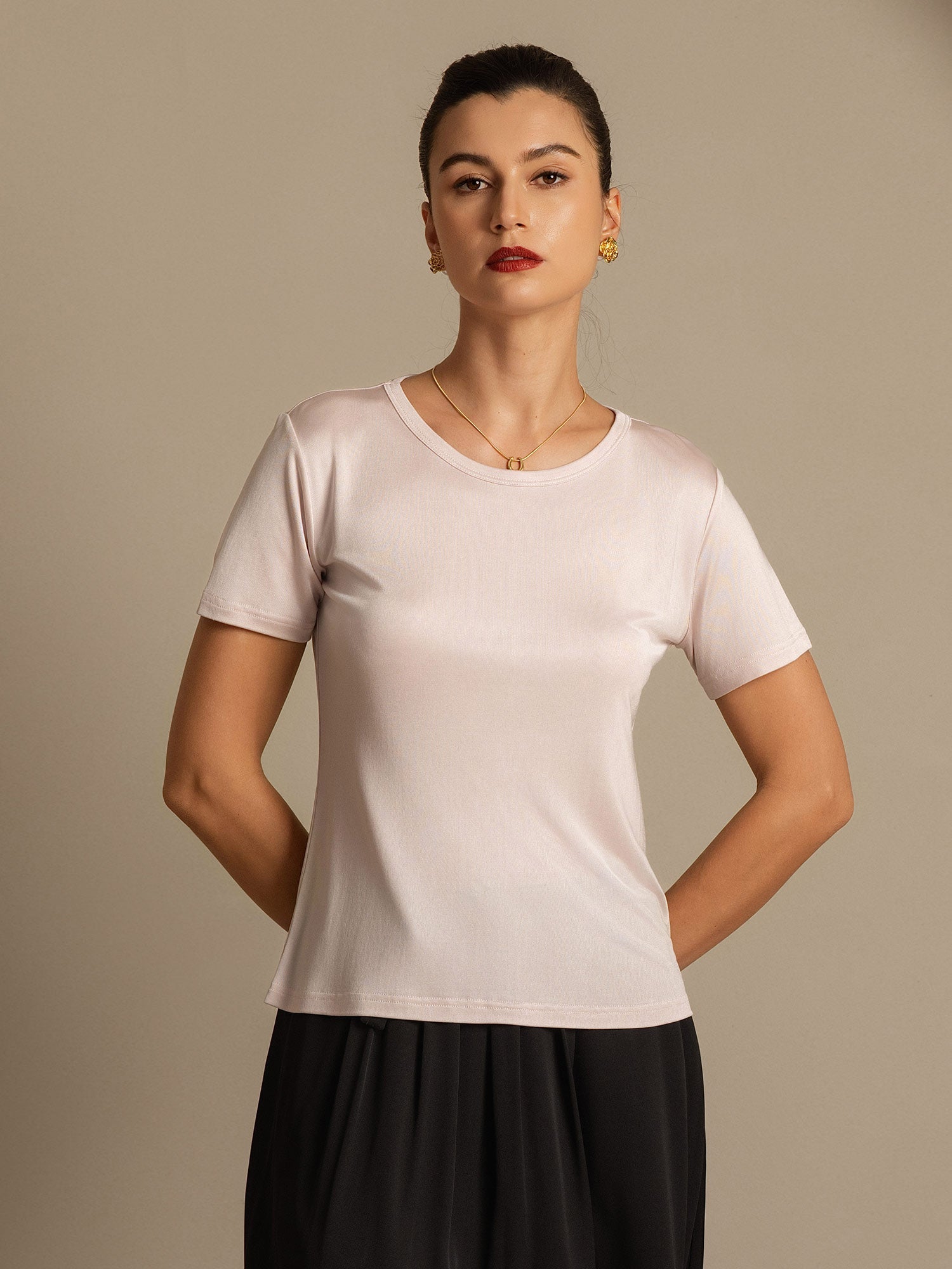 [Rose Clair] SilkSilky-FR Soie Tricotée Col Rond Femme T-Shirt 005,
