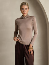 [Kaki] SilkSilky-FR Manches longues Col Roulé Femme T-Shirt 001