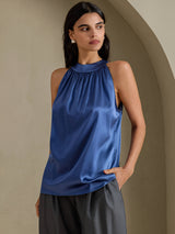 [Bleu Canard Véritable] SilkSilky-FR Sleeveless Halter Femme T-Shirt 003