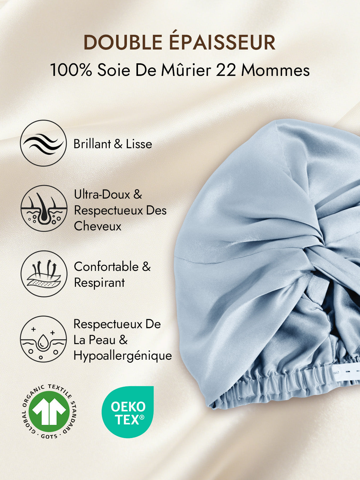[Bleu Acier] SilkSilky-FR 22Momme Pure Soie Sleep Cap 002