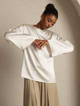 [Blanc] SilkSilky-FR Long Sleeve Boat Neck Blouse 004