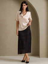 [Beige] SilkSilky-FR Short Sleeve Cowl Neck Blouse 007