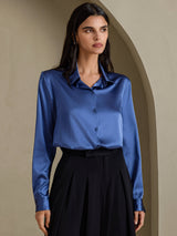 [Bleu Canard Véritable] SilkSilky-FR Long Sleeve Lapel Collar Femme Chemise 003