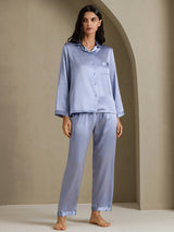 [Bleu Acier] SilkSilky-FR Long Sleeve Lapel Collar Femme Pyjamas 003