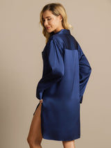 [Bleu Foncé] SilkSilky-FR Long Sleeve Lapel Collar Chemise pour dormir 002