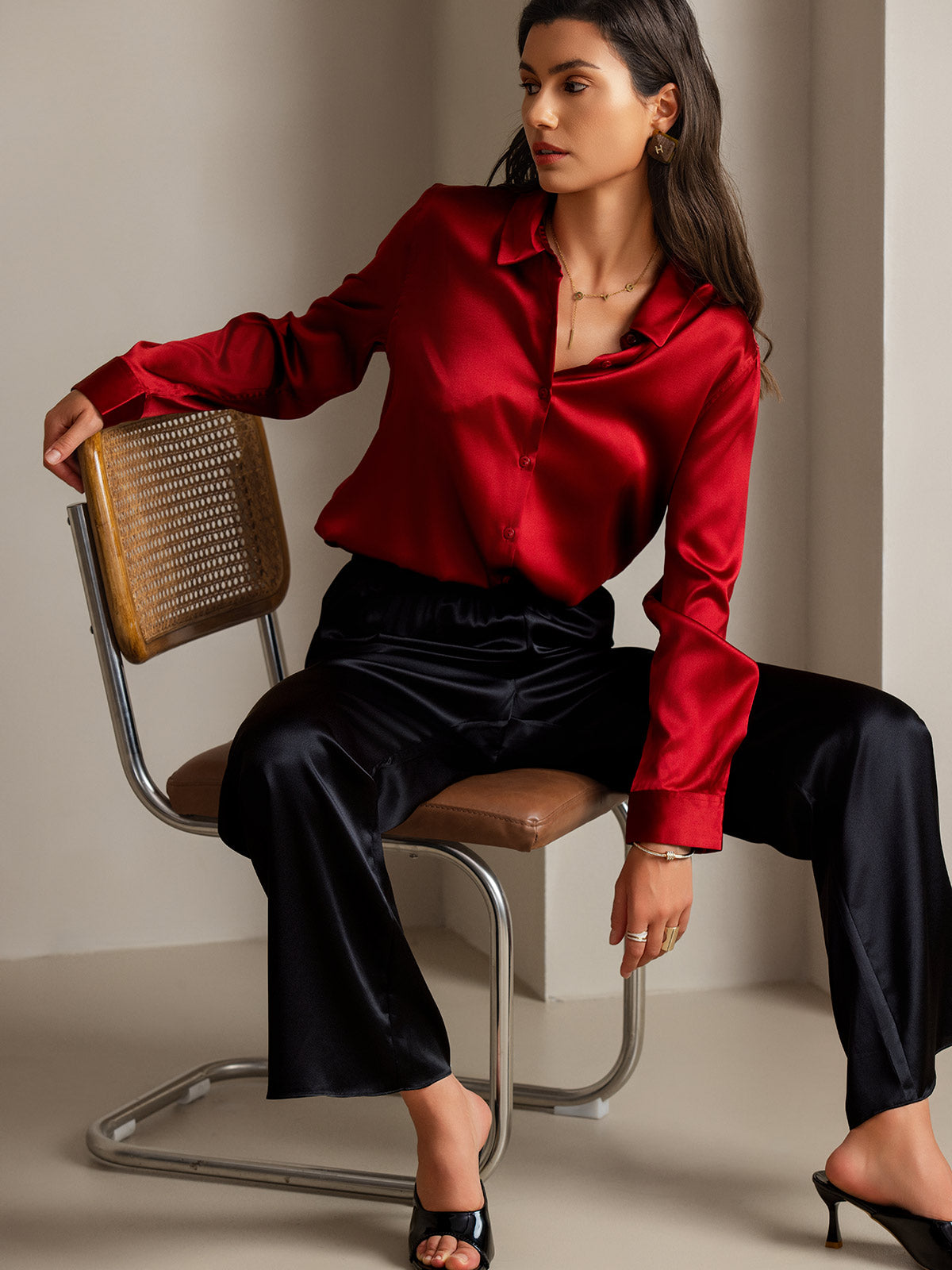 [Rouge] SilkSilky-FR Long Sleeve Lapel Collar Femme Chemise 001