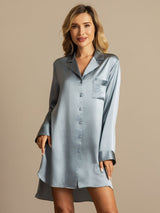 [Bleu Grisâtre] SilkSilky-FR Long Sleeve Lapel Collar Chemise pour dormir 001