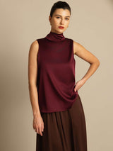 [Rouge Foncé] SilkSilky-FR 19Momme Sans manches Col Haut Blouse 001