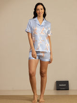 [Bleu Clair] SilkSilky-FR Short Sleeve Lapel Collar Femme Pyjamas 007
