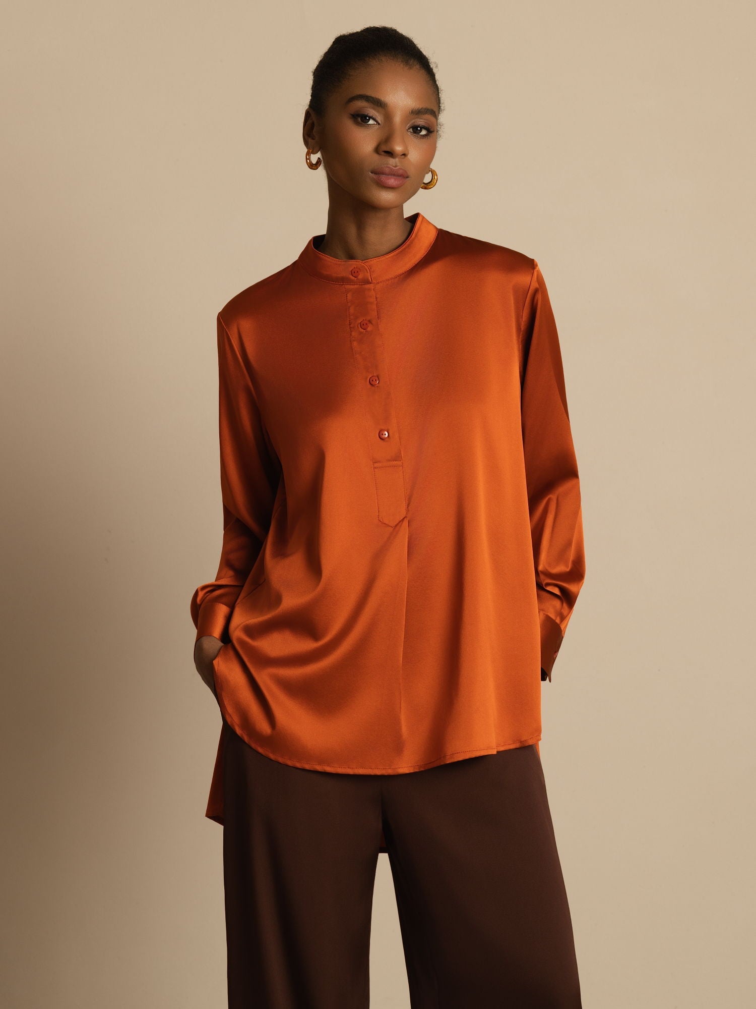 [Caramel] SilkSilky-FR 19Momme Soie Manches longues Col Montant Blouse 001