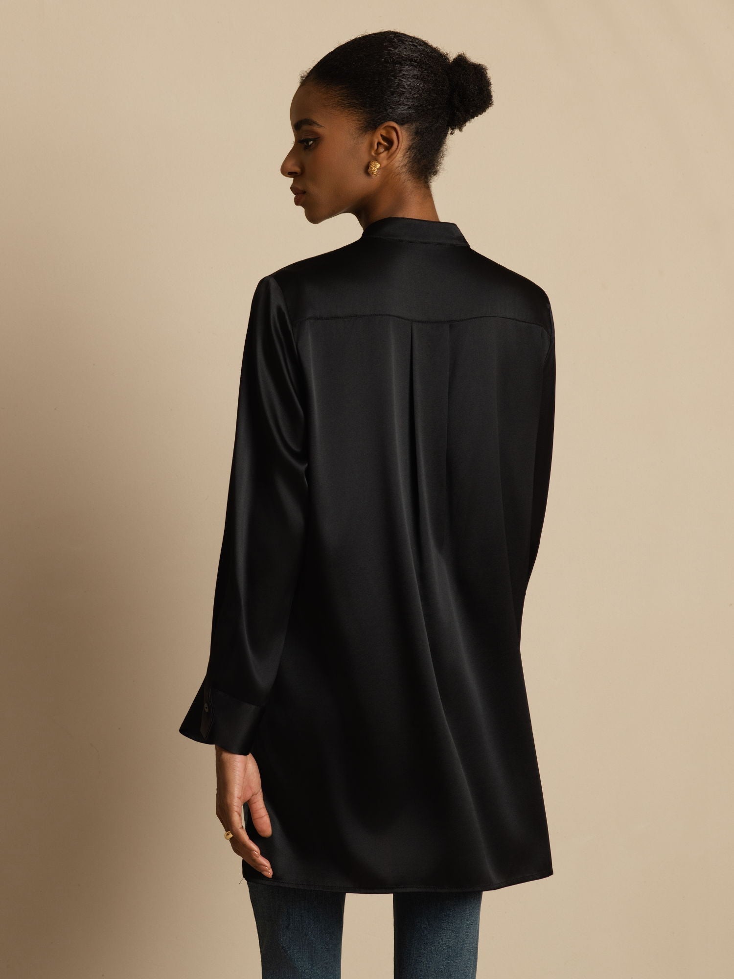 [Noir] SilkSilky-FR 19Momme Soie Manches longues Col Montant Blouse 002