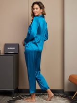 [Bleu Royal] SilkSilky-FR Long Sleeve Lapel Collar Femme Pyjamas 002