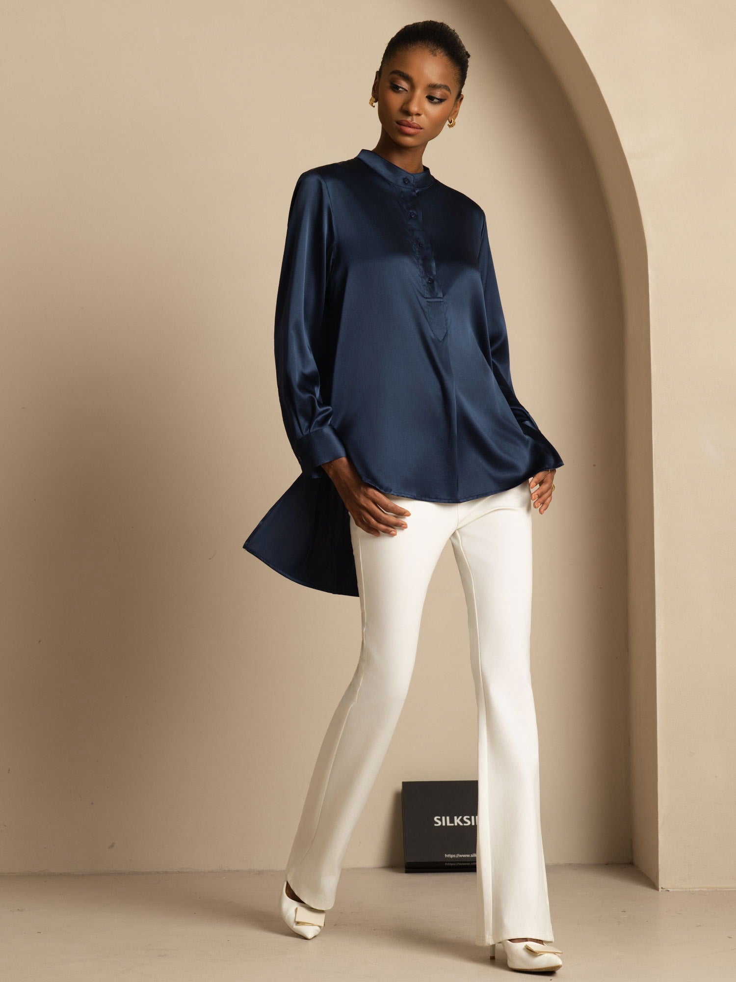 [Bleu Foncé] SilkSilky-FR 19Momme Manches longues Col Montant Blouse 001