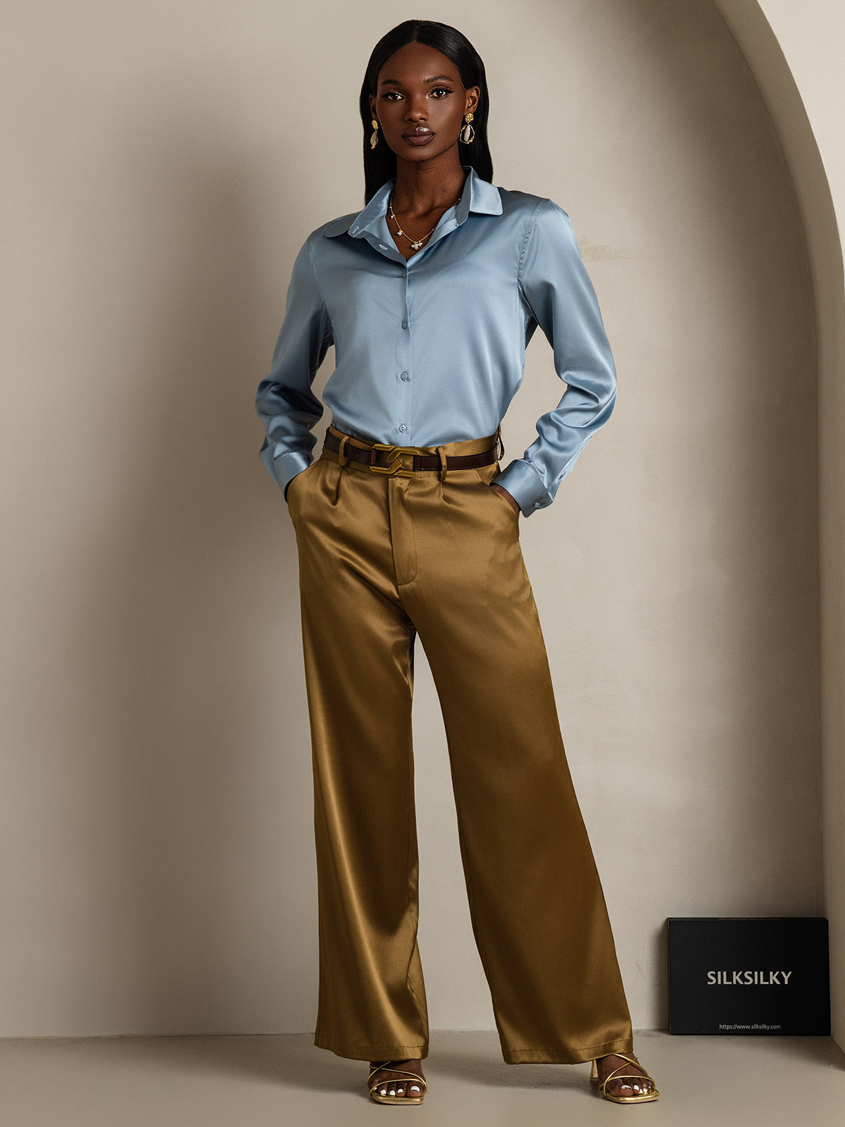 [Bleu Grisâtre] SilkSilky-FR 19Momme Manches longues Col à Revers Femme Chemise 006