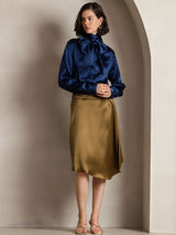 [Bleu Foncé] SilkSilky-FR Long Sleeve High Neck Blouse 006