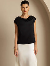 [Noir] SilkSilky-FR Cap Sleeve Cowl Neck Femme T-Shirt 004