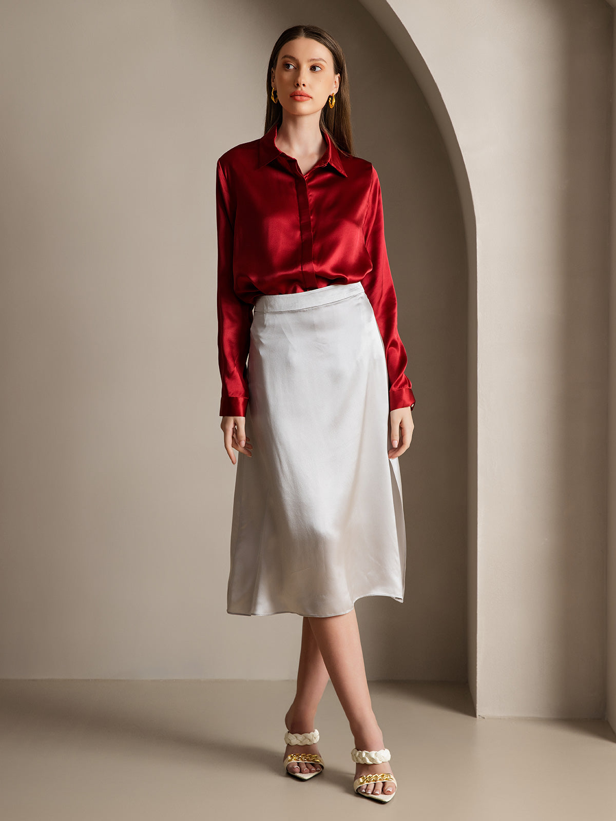 [Rouge Vineux] SilkSilky-FR 19Momme Soie Lapel Collar Femme Chemise 006