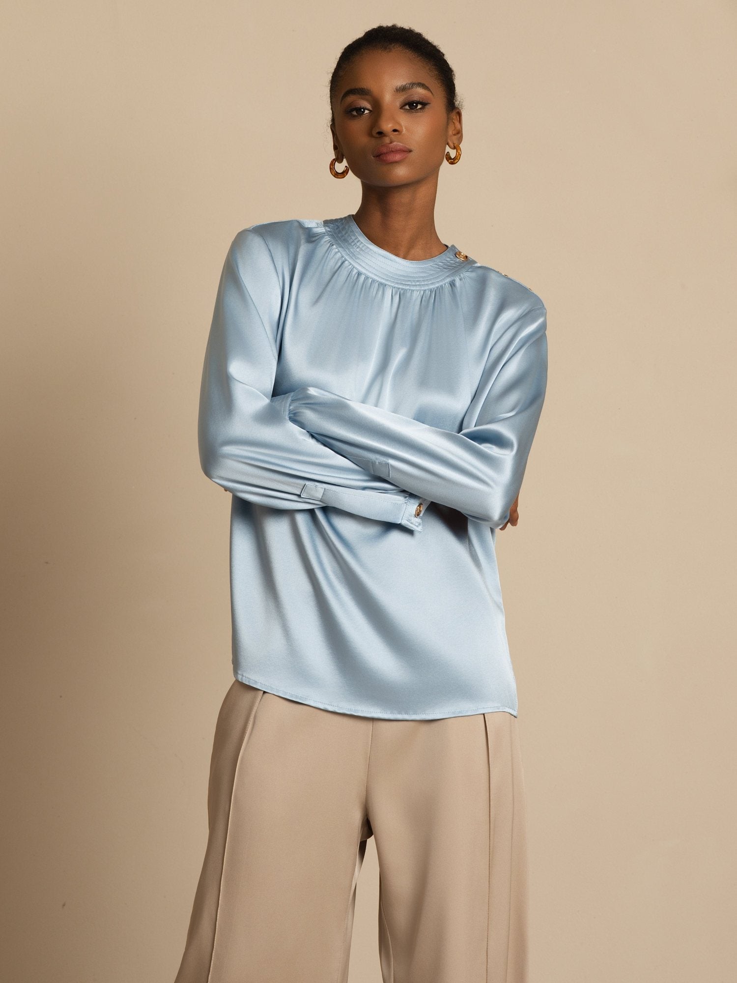 [BleuGrisâtre] SilkSilky-FR 19Momme Soie Manches longues Col Rond Blouse 004