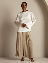 [Blanc] SilkSilky-FR Long Sleeve Boat Neck Blouse 007