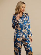 [Dragon Navy] SilkSilky-FR Long Sleeve Lapel Collar Femme Pyjamas 005