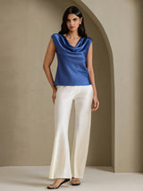 [Bleu Canard Véritable] SilkSilky-FR Cap Sleeve Cowl Neck Femme T-Shirt 006