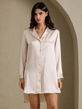 [Beige] SilkSilky-FR Long Sleeve Lapel Collar Chemise pour dormir 001