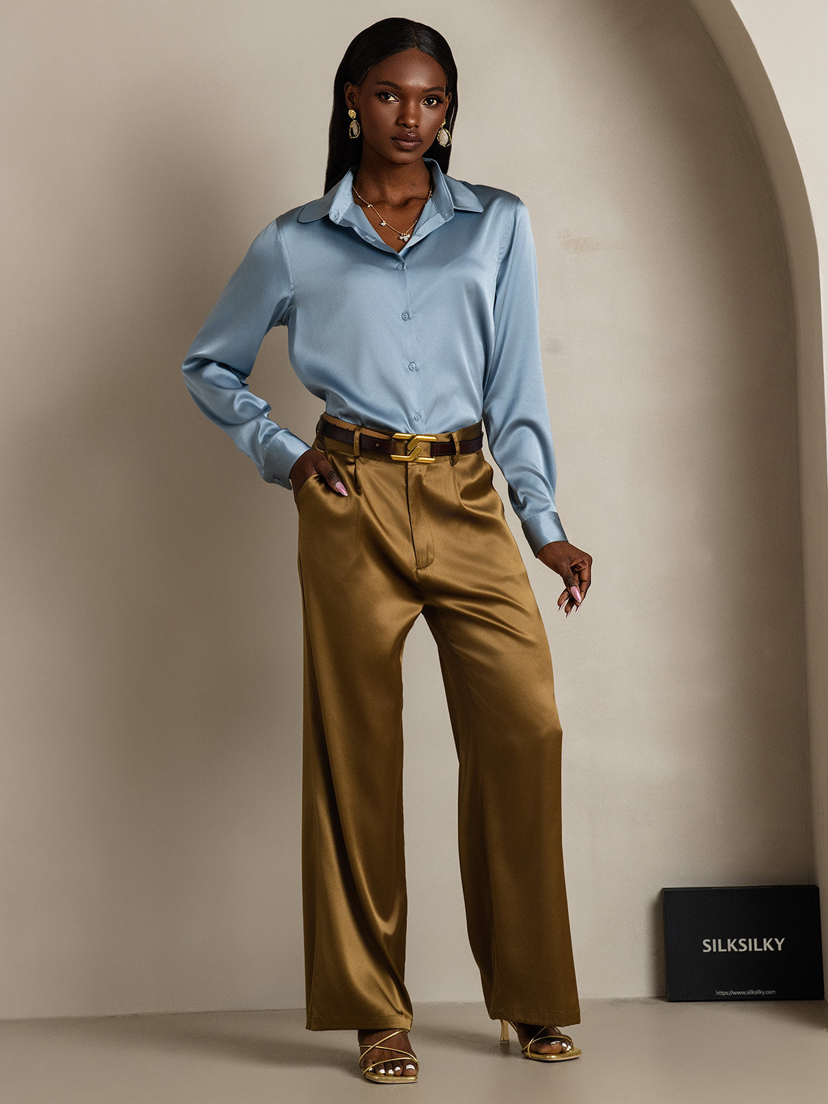 [Bleu Grisâtre] SilkSilky-FR 19Momme Manches longues Col à Revers Femme Chemise 008