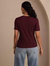 [Rouge Vineux] SilkSilky-FR Short Sleeve V Neck Femme T-Shirt 002