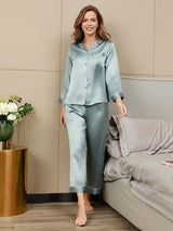 [Bleu Clair] SilkSilky-FR Long Sleeve Lapel Collar Femme Pyjamas 001
