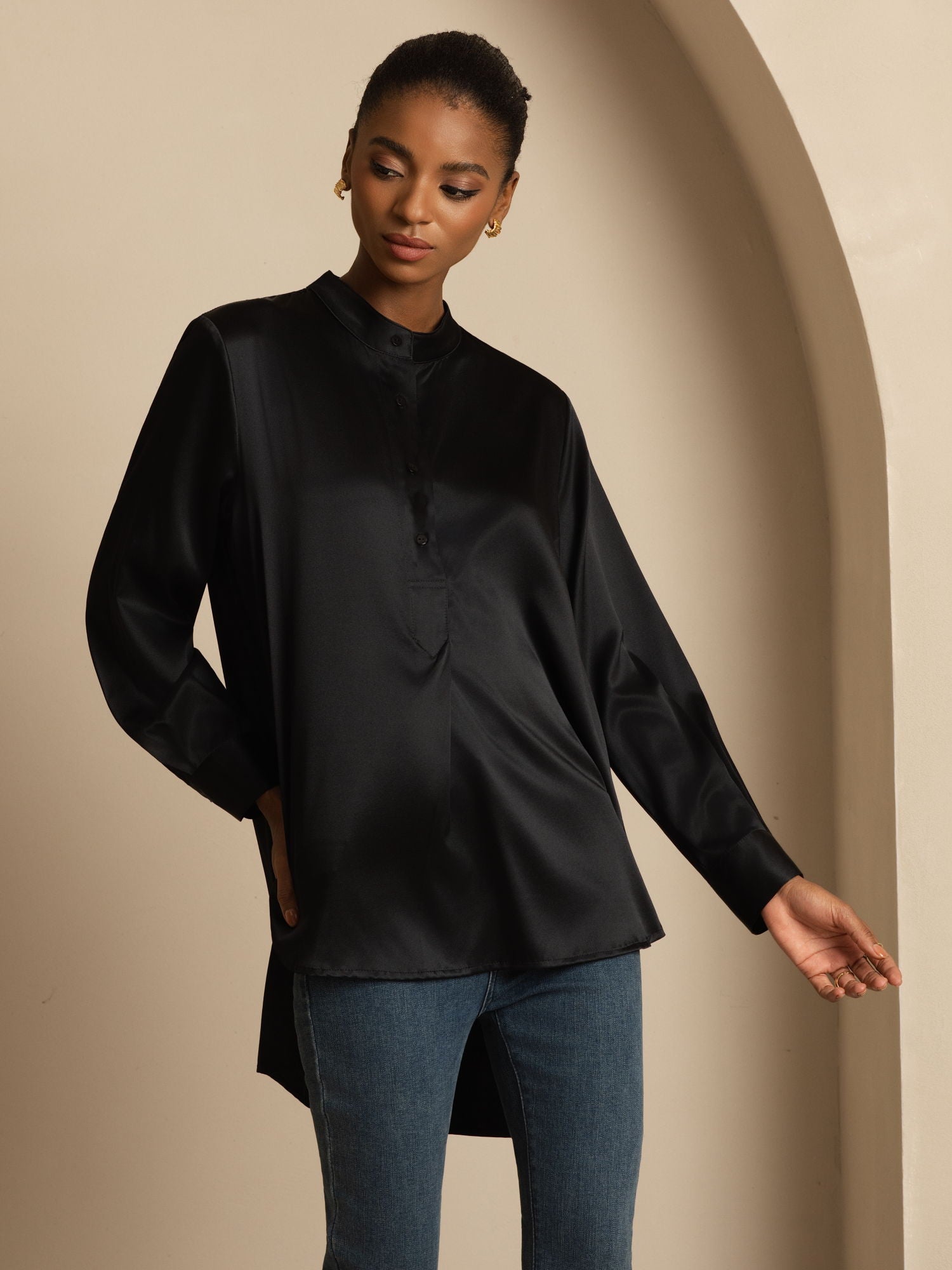 [Noir] SilkSilky-FR 19Momme Soie Manches longues Col Montant Blouse 005