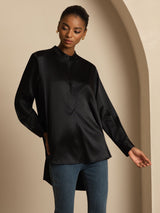 [Noir] SilkSilky-FR 19Momme Manches longues Col Montant Blouse 005