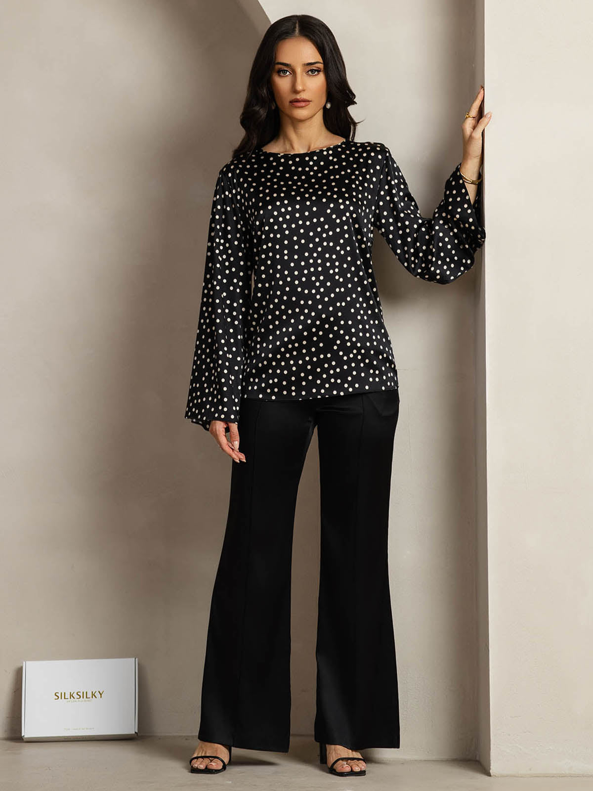 [Pois] SilkSilky-FR 19Momme Soie Col Rond Femme T-Shirt 003,