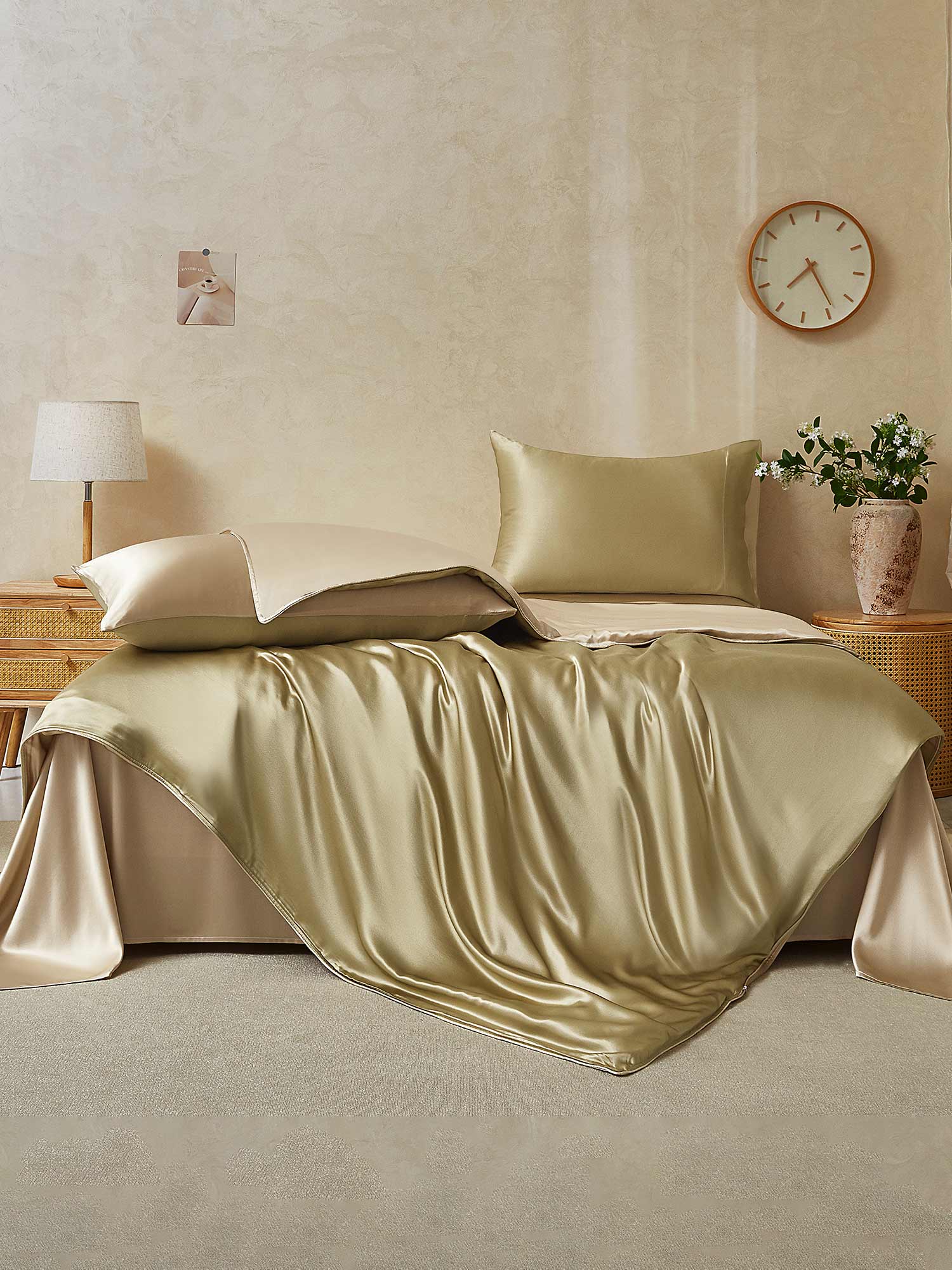 [Beige+Kaki] SilkSilky-FR 22Momme Pure Soie Bedding Set 002,