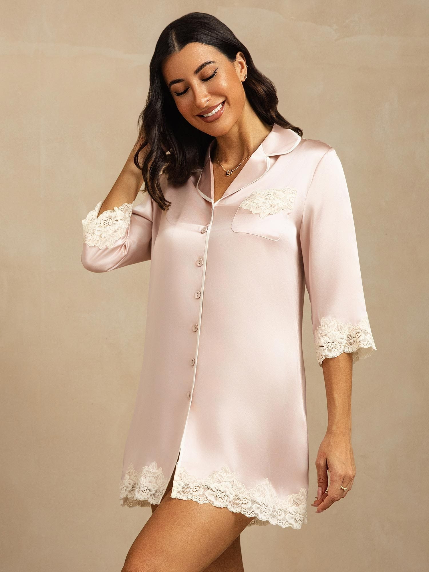 [Rose] SilkSilky-FR Soie Col Chemise Chemise pour dormir 008