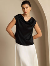 [Noir] SilkSilky-FR Cap Sleeve Cowl Neck Femme T-Shirt 005