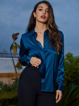 [Bleu Royal] SilkSilky-FR Long Sleeve Lapel Collar Femme Chemise 006