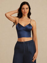 [Bleu Foncé] SilkSilky-FR Spaghetti Strap V Neck Top À Fines Brides 001