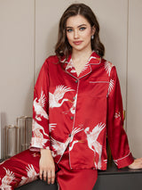 [Rouge Foncé] SilkSilky-FR Long Sleeve Lapel Collar Femme Pyjamas 005