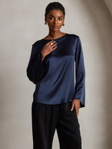 [Bleu Foncé] SilkSilky-FR Long Sleeve Boat Neck Blouse 003
