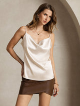 [Beige] SilkSilky-FR Spaghetti Strap Cowl Neck Top À Fines Brides 003