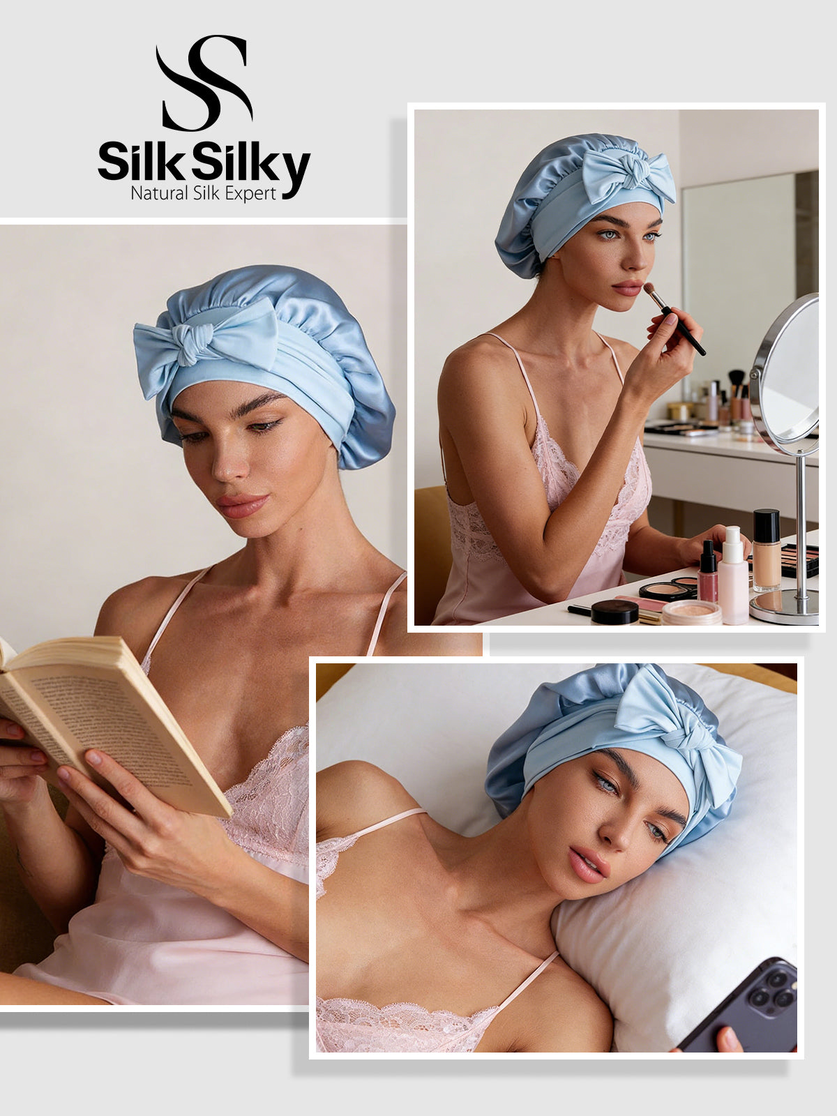 [Bleu Ciel] SilkSilky-FR Soie Sleep Cap 005
