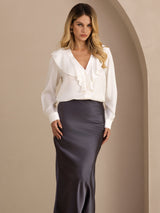 [Blanc] SilkSilky-FR Long Sleeve Deep V Neck Blouse 003