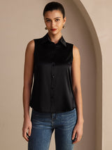 [Noir] SilkSilky-FR Sleeveless Lapel Collar Femme Chemise 003