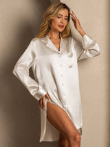 [Beige] SilkSilky-FR Long Sleeve Lapel Collar Chemise pour dormir 005
