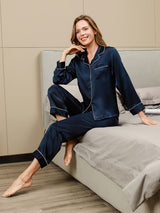 [Bleu Foncé] SilkSilky-FR Long Sleeve Lapel Collar Femme Pyjamas 003