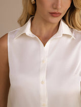 [Blanc] SilkSilky-FR Sleeveless Lapel Collar Femme Chemise 004