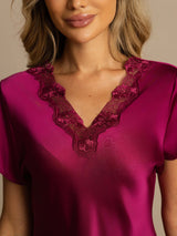 [Rouge Vineux] SilkSilky-FR Short Sleeve V Neck Chemises de nuit 004