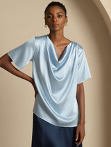[Bleu Grisâtre] SilkSilky-FR Short Sleeve Cowl Neck Blouse 001